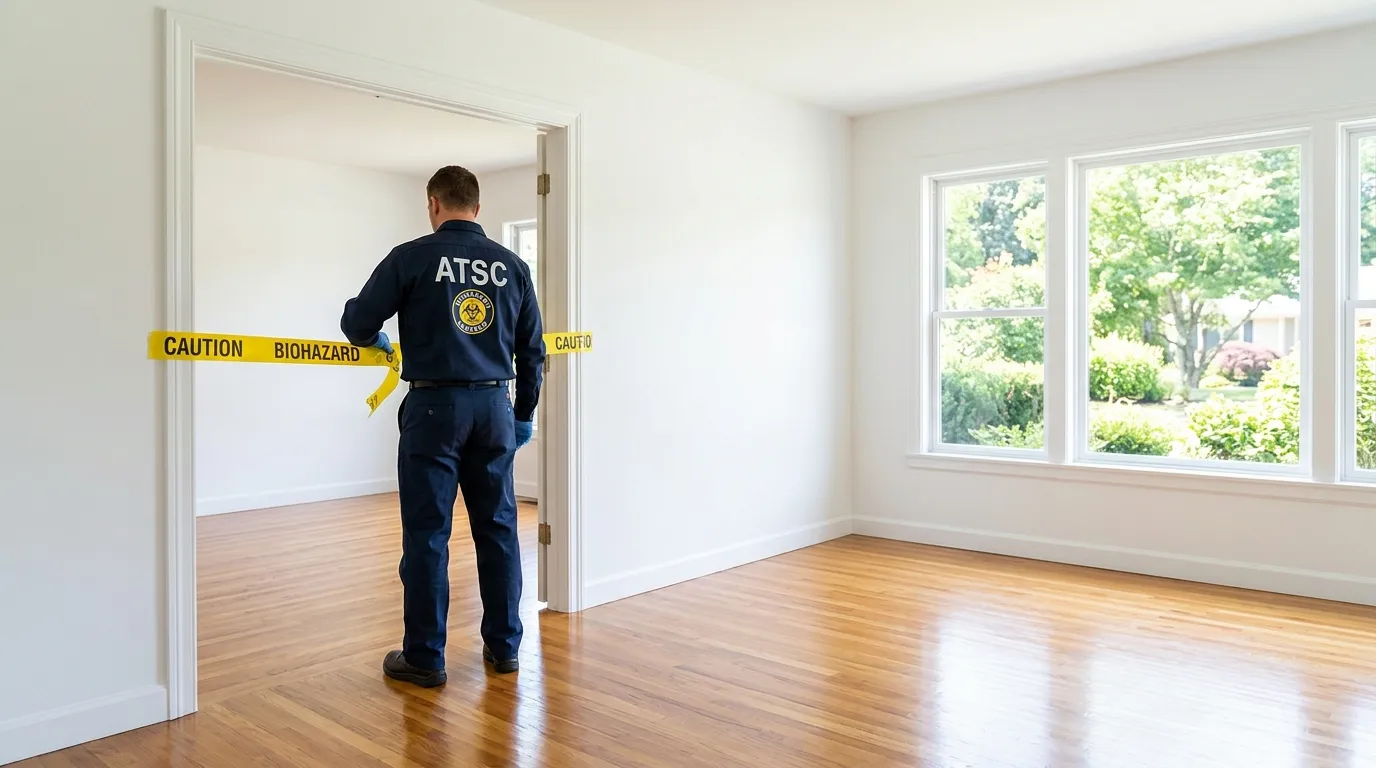 Certified biohazard cleanup crew performing Trauma Scene Cleanup in Hicksville